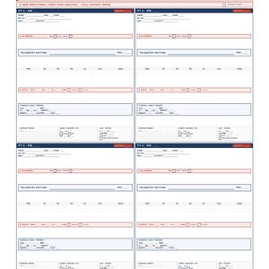 Może przedstawiać: Biało-czerwony formularz medyczny zatytułowany "Telemetria / Kardiologiczny - 4 Pacjentów". Formularz zawiera sekcje dotyczące informacji o pacjencie, rytmu telemetrii, badań kardiologicznych i notatek.