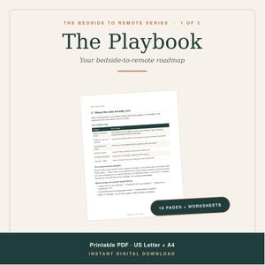May include: A digital document titled The Playbook, part of the Bedside to Remote Series, featuring a roadmap for remote work. The page displays text about job locations and employer types, with a dark green badge stating 18 PAGES + WORKSHEETS.