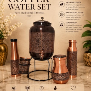 May include: An Ayurvedic copper water set featuring a 5-litre dispenser on a black metal stand, two bottles, a jug, and three glasses. Each piece displays an intricate engraved pattern with an antique finish. Text includes Ayurvedic Copper Water Set.