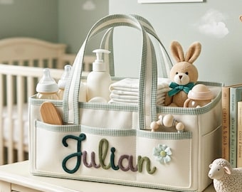 Panier de rangement personnalisé pour couches et jouets de bébé, avec prénom tissé en 3D, idéal comme cadeau de naissance.