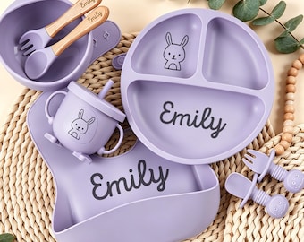Personalisierte Silikon-Weaning-Set, Baby-Fütterung-Set mit Namen, Entwöhnungsset für Kleinkind-Baby-Kinder, benutzerdefinierte Baby-Teller, Baby-Dusche-Geschenk, Baby-Geschenk