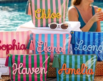 Trousse de maquillage rayée personnalisée en PVC avec nom sur corde, pochette cosmétique imperméable pour demoiselle d'honneur, enterrement de vie de jeune fille, voyage à la plage