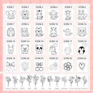 May include: A collection of 24 black and white animal and object icons, each labeled with a number. Below the icons are floral illustrations labeled with the months of the year.