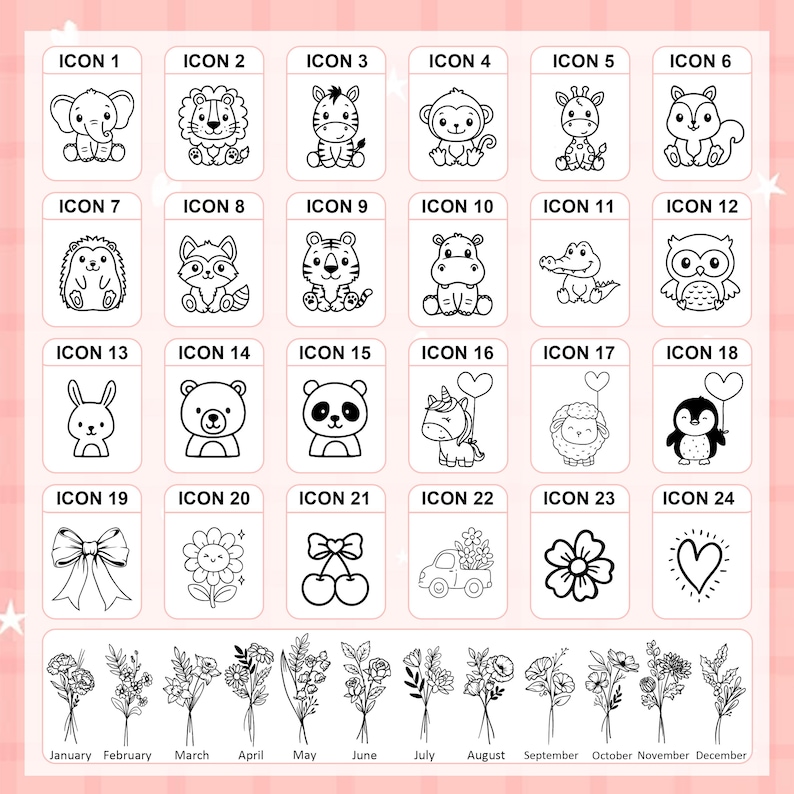 May include: A collection of 24 black and white animal and object icons, each labeled with a number. Below the icons are floral illustrations labeled with the months of the year.