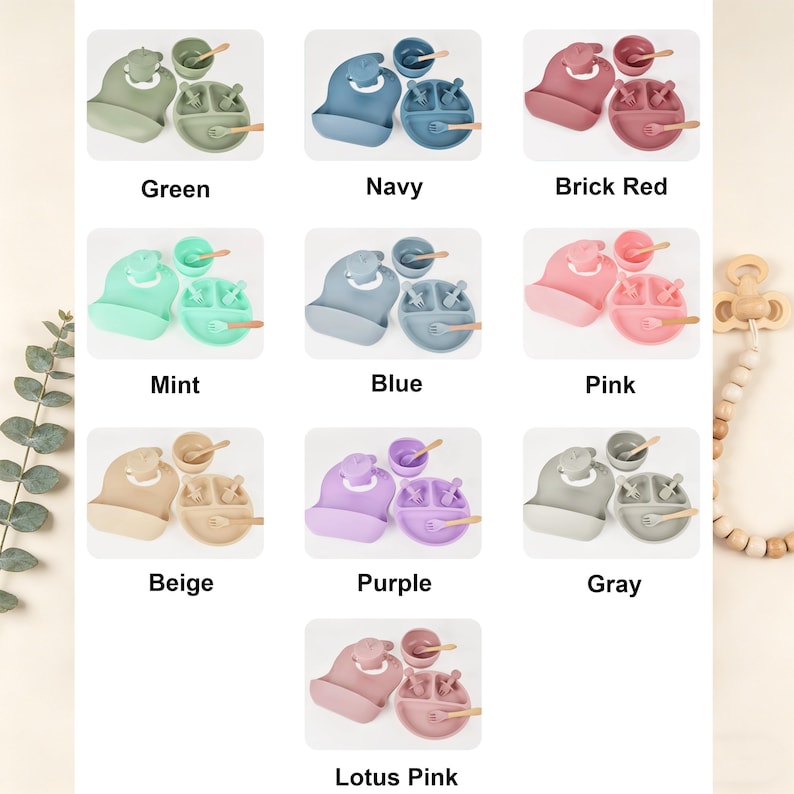 May include: A collection of baby feeding sets in various colors, including green, navy, brick red, mint, blue, pink, beige, purple, gray, and lotus pink. Each set includes a bib, bowl, plate, spoon, and fork.