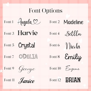 May include: A pink background with the text "Font Options" and 12 font style examples. Each font is displayed with a name, such as "Angela" and "Brian", in various styles, including cursive and bold.