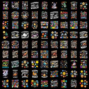 May include: A collection of graphic designs on a black background featuring space-themed illustrations of astronauts, planets, stars, and rockets. The text includes phrases such as Learning is out of this world, 3rd Grade, and Kindergarten.