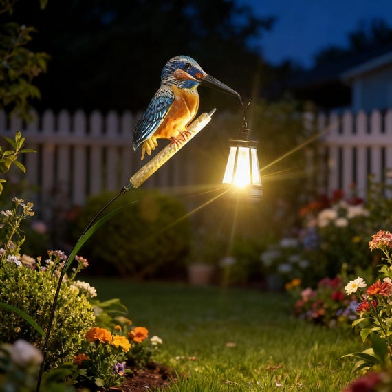 Solar Garden Stake – Kingfisher Resin & Metal Statue With Warm White LED Lantern, 47'' Tall, For Yard & Patio