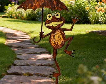 Rustic Metal Frog Garden Stake Holding Umbrella – Whimsical Weathered Steel Sculpture for Pathway, Lawn or Cottage Garden Decor
