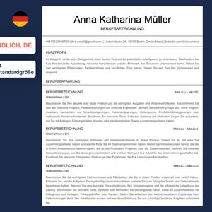 May include: A white DIN A4 resume template featuring the name Anna Katharina Müller, contact details, and sections for professional profile and experience, accompanied by a cream-colored ballpoint pen with silver accents on a dark blue background.