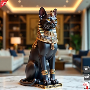 May include: A black cat statue in the style of ancient Egyptian art. The cat is adorned with gold and turquoise jewelry and a headdress. The statue is sitting on a black base with hieroglyphs. The cat has yellow eyes.