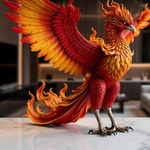 Realistic mythical fire bird figurine featuring layered feathers and dramatic fantasy styling