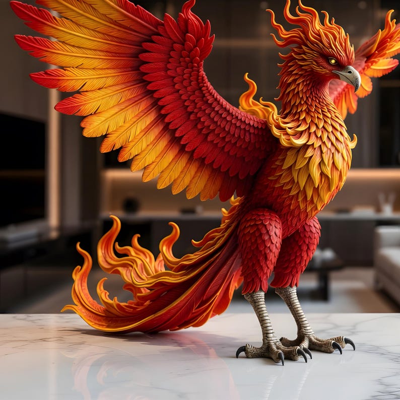 Realistic mythical fire bird figurine featuring layered feathers and dramatic fantasy styling