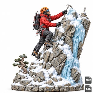 May include: A detailed figurine of a mountaineer in a red jacket, orange helmet, and black pants climbing a rocky, snow-covered peak. The climber uses an ice axe and crampons, with a backpack and gear attached. A small tree grows on the base.