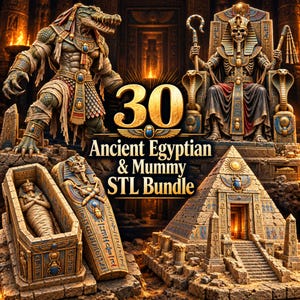Könnte beinhalten: Eine digitale Sammlung von 30 STL-Dateien zum Thema Altes Ägypten und Mumien, mit einem krokodilköpfigen Krieger, einem skelettierten Pharao auf einem Thron, einem offenen Sarkophag mit einer Mumie und einer Pyramide mit Hieroglyphen.