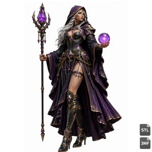 Peut inclure: Une figurine fantastique représentant une silhouette à capuche aux longs cheveux blancs, vêtue d'une robe noire et violette avec des détails dorés, tenant un grand bâton surmonté d'un cristal violet brillant et un orbe violet, avec texte STL et 3MF.