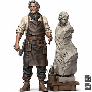 May include: A detailed figurine of a bearded sculptor wearing a beige shirt, dark blue scarf, and brown leather apron with tool pockets. The figure holds a metal tool next to a grey stone bust on a wooden base with a bucket of tools and STL 3MF text.