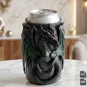Detailed dragon can sleeve designed for 330ml and 12 oz beverage cans featuring an elaborate fantasy dragon sculpture wrapped around the cylindrical drink holder