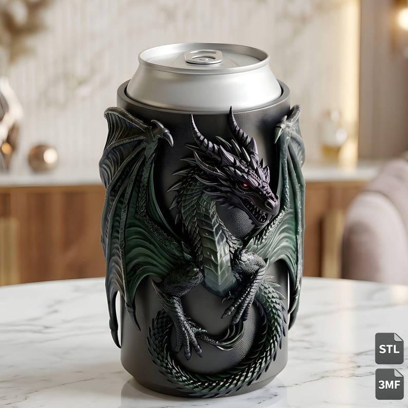 Detailed dragon can sleeve designed for 330ml and 12 oz beverage cans featuring an elaborate fantasy dragon sculpture wrapped around the cylindrical drink holder