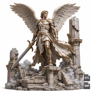 Puede incluir: Una escultura detallada de una figura alada con armadura dorada y blanca sobre ruinas de piedra. La figura sostiene una espada larga en la mano derecha y tiene grandes alas emplumadas. La base incluye columnas rotas y nubes.