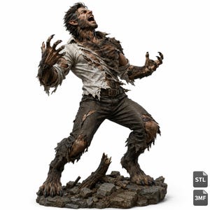 May include: A detailed figurine of a werewolf in a dynamic pose with its head tilted back and mouth open. The creature has brown fur, sharp claws, and wears a tattered white button-down shirt and dark brown pants. It stands on a rocky base.
