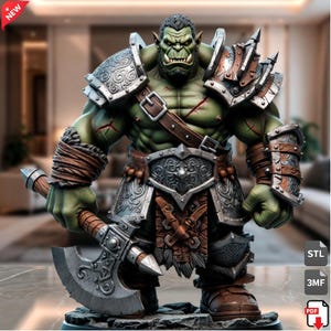 May include: A green-skinned orc figurine wearing intricate silver and brown armor with shoulder pauldrons, a chest strap, and a waist belt. The orc holds a large silver battle axe with a wooden handle and stands on a textured stone-like base.