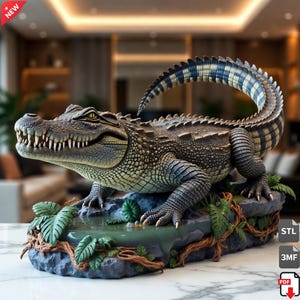 May include: A detailed sculpture of a crocodile with a textured, scaled body in shades of green, brown, and blue. The crocodile is posed on a rock formation with a small pool of water and foliage. The tail curves upwards, and the mouth is open, revealing teeth.
