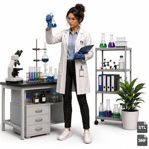 Könnte beinhalten: Eine wissenschaftliche Fachkraft in weißem Laborkittel, blauem Hemd und schwarzer Hose hält einen blauen Flüssigkeitskolben. Die Szene umfasst einen Labortisch mit Mikroskop, Reagenzgläsern und Glaswaren sowie ein Metallregal mit Ordnern und Chemikalien.