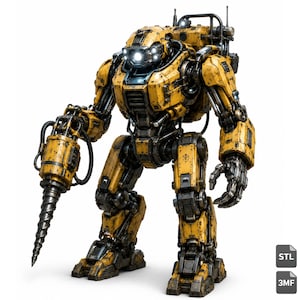 May include: A yellow industrial mech robot with a weathered finish, featuring a large drill attachment on its right arm, a mechanical claw on its left, and glowing headlamps. The figure includes visible STL and 3MF file format icons.