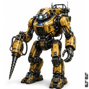 Peut inclure: Un robot méca industriel jaune avec une finition usée, doté d'une grande foreuse sur le bras droit, d'une main à griffes sur le gauche, d'un phare central lumineux et d'un sac à dos robuste avec des antennes et des articulations mécaniques.