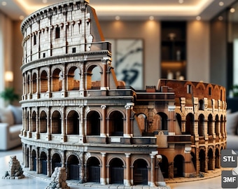 May include: A detailed model of the Colosseum, showcasing its architectural features. The model is primarily beige and brown, with arched openings and intricate detailing. It is set on a marble surface, with a "NEW" tag in the corner.