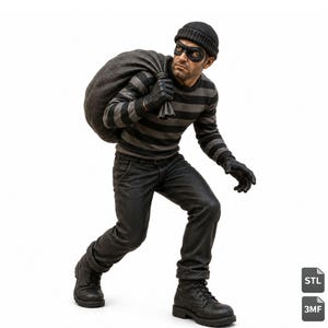 Può includere: Una statuetta dettagliata di un ladro che indossa un berretto nero, una maschera nera, una maglia a maniche lunghe a righe grigie e nere, guanti neri, pantaloni neri e stivali neri. La figura porta un grande sacco nero testurizzato sulla spalla.