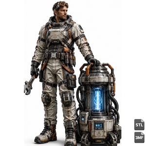 Realistic Space Engineer STL & 3MF File, Futuristic Reactor Technician Statue, High Detail 3D Print Model, Digital Download