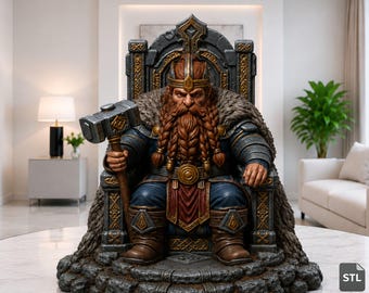 Figura realista de un rey enano en formato STL y 3MF, estatua del rey sentado en su trono, modelo 3D de alta calidad para impresión, descarga digital.