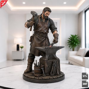 May include: A detailed figurine of a bearded blacksmith wearing a dark shirt and a brown leather apron, holding a hammer over an anvil. The base includes a wooden bucket with metal tools and additional tongs resting against the anvil block.