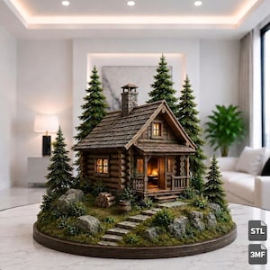 Op de afbeelding: Een miniatuur blokhutmodel met een stenen schoorsteen, een veranda en verlichte ramen. De structuur staat op een ronde basis met mos, rotsen, een stenen pad en verschillende groenblijvende bomen. Het model bevat de labels STL en 3MF.