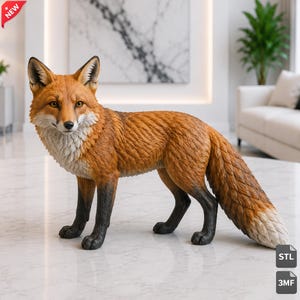 Könnte beinhalten: Eine stehende Fuchsfigur mit strukturiertem orange-braunem Fell, weißer Brust und Kehle sowie schwarzen Unterbeinen. Der Fuchs hat spitze Ohren, bernsteinfarbene Augen und einen langen, buschigen Schwanz mit einer weißen Schwanzspitze.