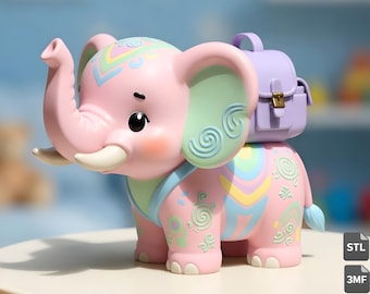 Kawaii-Elefant (STL- & 3MF-Datei), niedliches Elefantenmodell mit Rucksack (3D-Druck), Kinderzimmer-Dekofigur, Sofort-Download