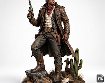Figura realista de vaquero en formato STL y 3MF, pistolero del Oeste con revólver decorativo, archivo para impresión 3D, figura coleccionable, descarga digital.