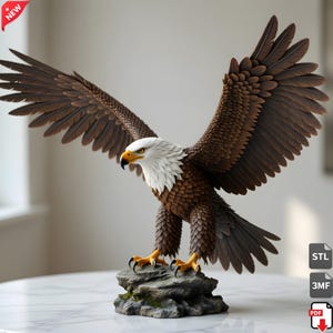 Può includere: Una scultura dettagliata di un'aquila calva con le ali spiegate, appollaiata su una base rocciosa. L'aquila presenta piume marroni e bianche, un becco giallo e artigli affilati. La scultura è una rappresentazione dettagliata del maestoso uccello.