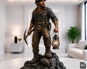 Minero realista (archivos STL y 3MF), estatua de minero con pico y linterna, modelo 3D de alta calidad para impresión, descarga digital.