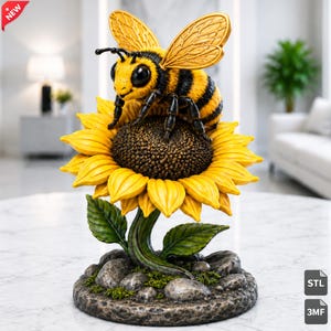 Cute Bee on Sunflower STL & 3MF | Resin Print File | Bee 3D Model | Digital Download | Garden Collectible Sculpture
