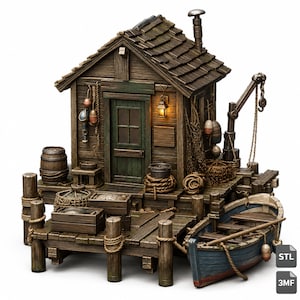 Op de afbeelding: Een miniatuurmodel van een houten vissershut met een donkerbruin pannendak, een groene deur en een kleine lantaarn. Het bouwwerk staat op een houten steiger met een kleine blauwe roeiboot, visnetten, touwen, een vat en een kraan aan de zijkant.