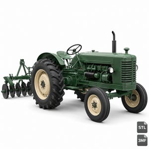 May include: A dark green vintage-style tractor with cream-coloured wheels and a black exhaust pipe. The tractor features a front grille, a steering wheel, and a rear-mounted disc harrow attachment. Two small icons labelled STL and 3MF are visible.