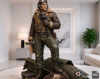 Realistic WWII Pilot STL & 3MF File, Vintage Military Aviator Statue, High Detail 3D Print Model, Digital Download