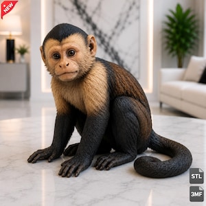 May include: A realistic figurine of a capuchin monkey with a black crown, tan face and chest, and dark brown limbs and tail. The monkey is depicted in a seated position with its tail curled, featuring detailed fur texture and lifelike facial features.