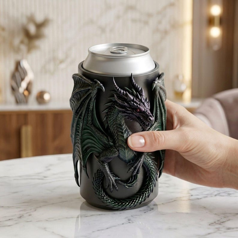 Dragon themed beverage can cover featuring detailed sculptural artwork surrounding the can, designed for fantasy collectors and 3D printing enthusiasts