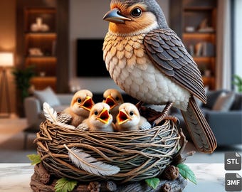 Archivo STL y 3MF de Mamá Pájaro y Polluelos para Impresión 3D – Descarga de Estatua de Nido Adorable
