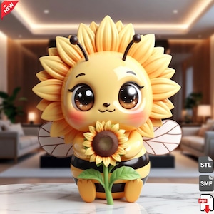 May include: A charming, cartoon bee figurine with a sunflower head and holding a sunflower. The bee has large eyes, rosy cheeks, and a black and yellow striped body. The wings are white with brown details. The figurine is on a white surface.