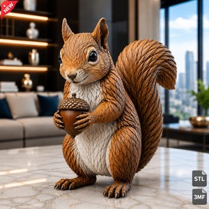 Könnte beinhalten: Eine braune Eichhörnchenfigur mit strukturiertem Fellmuster, großen dunklen Augen und spitzen Ohren. Das Eichhörnchen steht aufrecht und hält eine braune Eichel mit strukturierter Kappe in den Vorderpfoten. Die Figur hat eine weiße Brust und einen weißen Bauch.